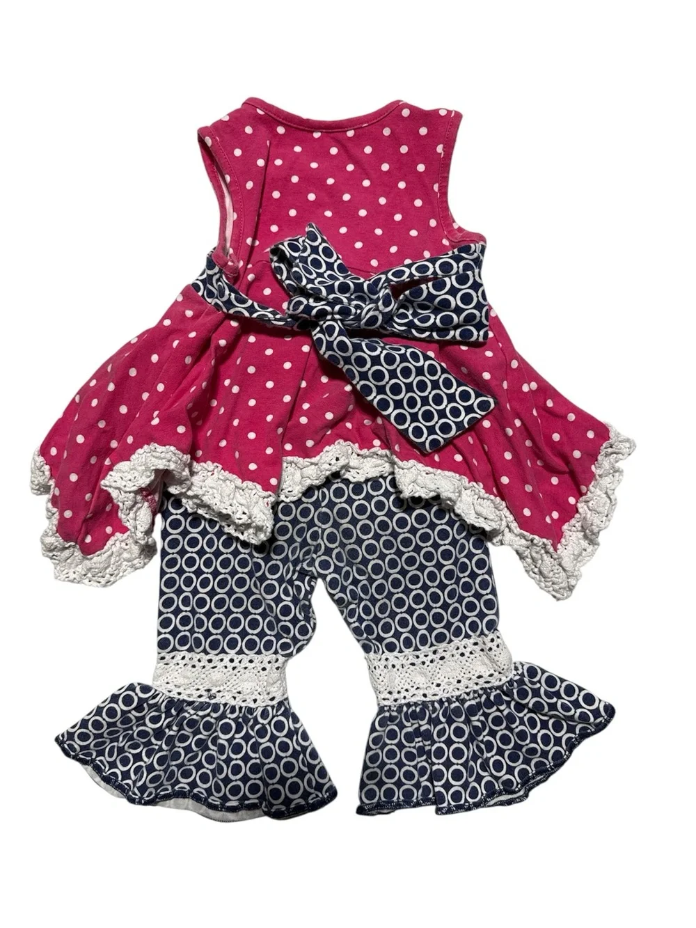 Peaches ‘n Cream Pink Polka Dot Tunic & Geometric Ruffle‎ Pants Set 18M